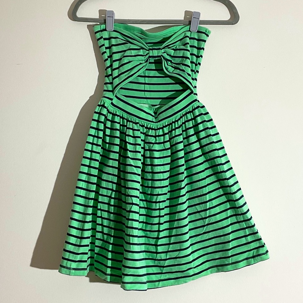 Green and Navy Striped Strapless Dress with Bow On Back